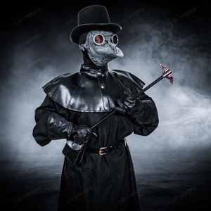 Plague Doctor with Bird Beak Mask & Top Hat Full Costume Set - Grey Silver